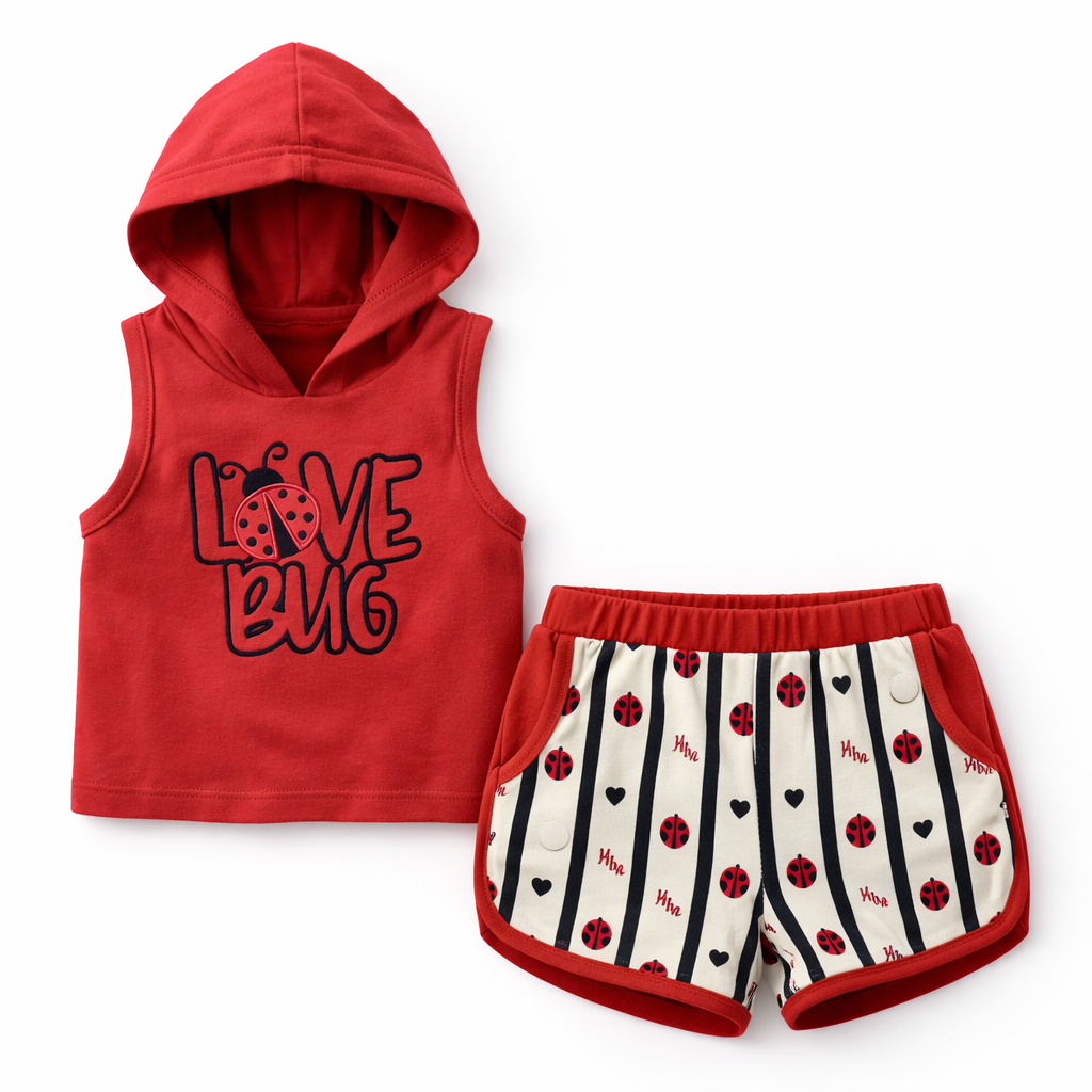 Girl's "Love Bug" Red Sleeveless Hoodie & Ladybug Print Shorts Set