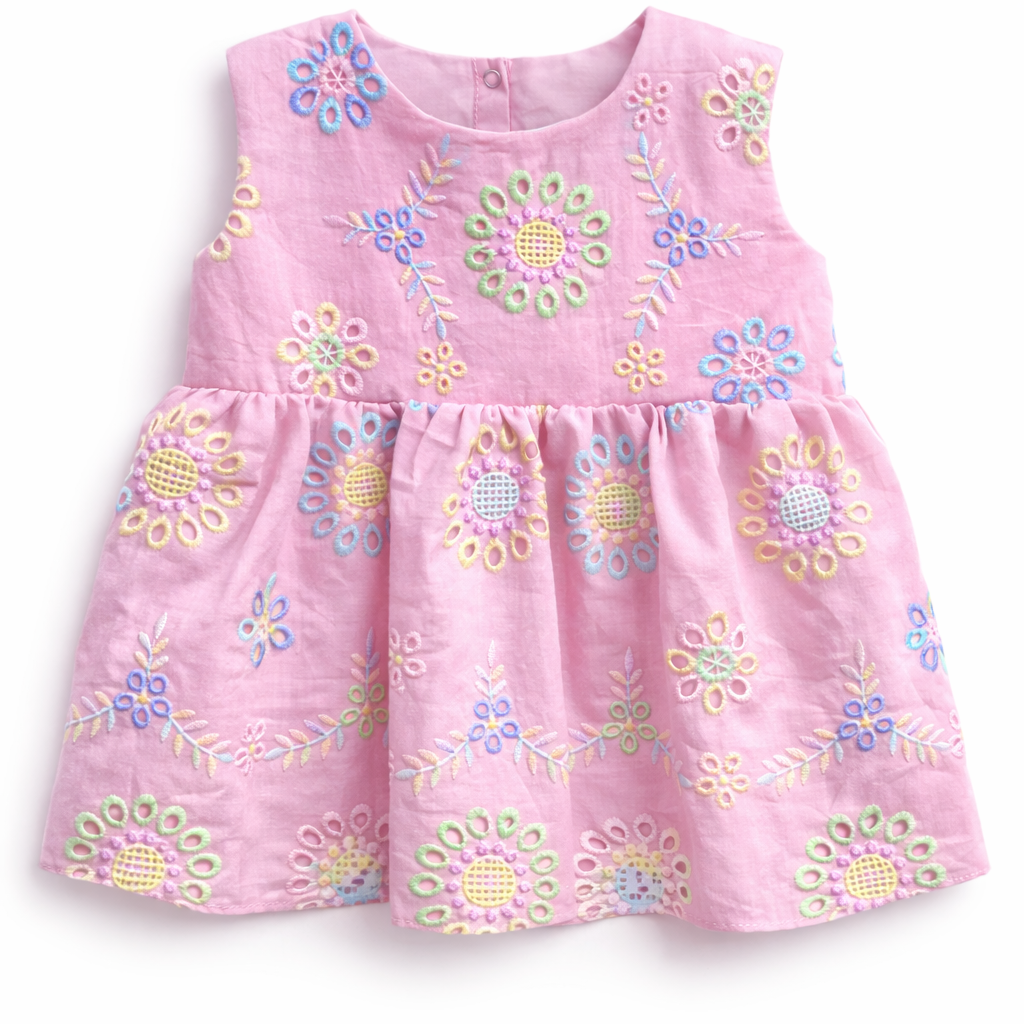 Girl's Pink Floral Embroidered Chikankari Frock